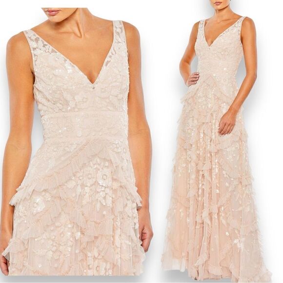 Mac Duggal WMNS 12 Blush Sequined Scallop Ruffle Tiered V Neck Gown Flirty Fun - Picture 1 of 12